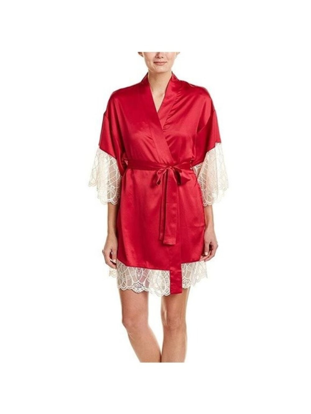 Flora Nikrooz Gabby Red Satin Kimono Robe W/ Lace Trim Sleeves Size Small